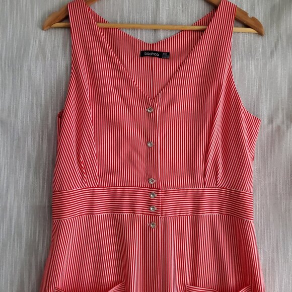 Women's Candy Stripe A Line Maxi Dress Red & White Pinstripe Pockets Button Down - Picture 3 of 9